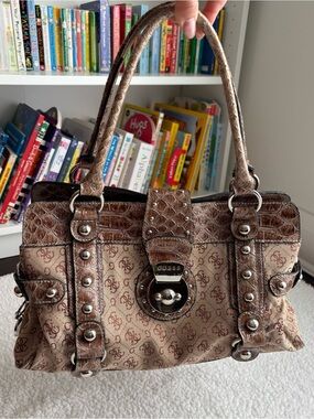 Guess Vintage Y2K Brown Monogram Satchel Croc Embossed Silver Hardware
